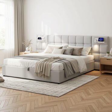 Taastrup Grey Super King bed with padded headboard and LED lighting