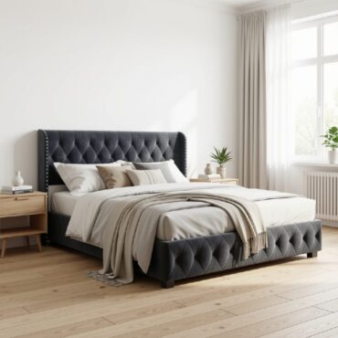 Odense grey velvet EU Double bed with tufted headboard and storage