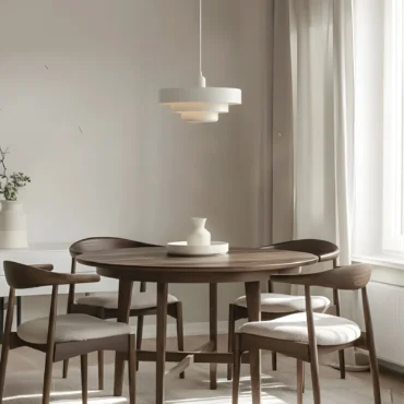 White Höfn three-tiered pendant light hanging above a wooden dining table