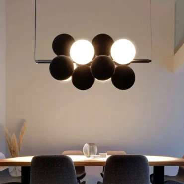 Hjärup horizontal acoustic pendant light with glass and sound-absorbing spheres