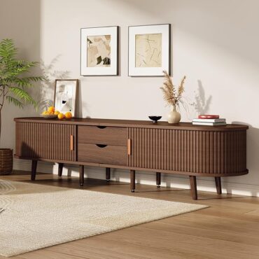 Lillehammar walnut curved TV bench with fluted sliding door