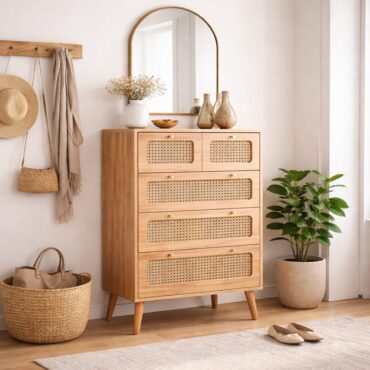 Turku rattan chest of drawers with natural wood frame