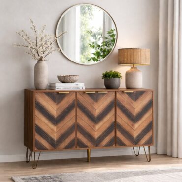 Silkeborg chevron wood pattern cabinet with hairpin legs