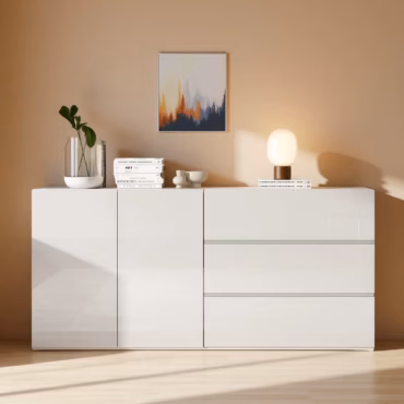 Leksand white high-gloss sideboard with LED lighting and double-door cabinet