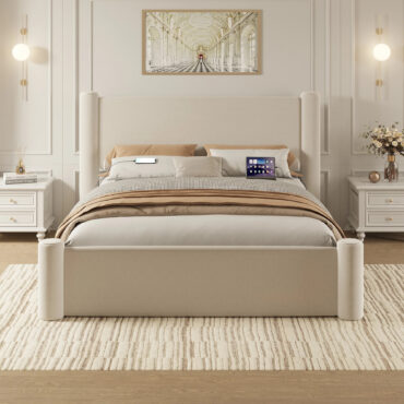 Roskilde EU King bed in beige velvet with integrated storage drawers