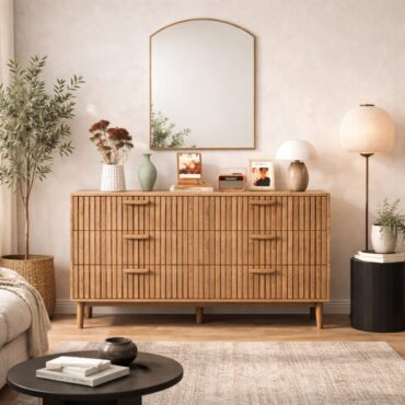 Aarhus slatted wood chest of drawers, compact 100cm size