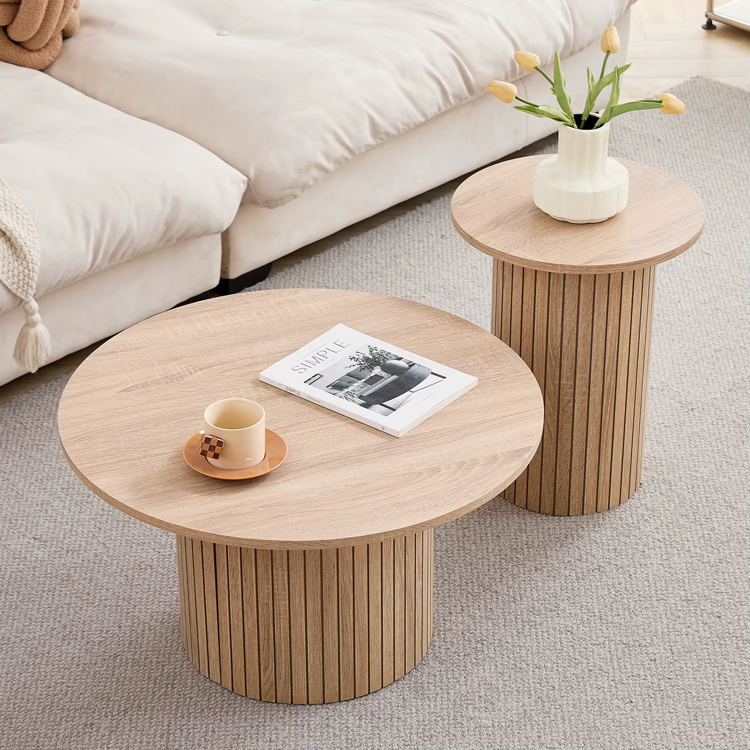 Solna natural finish coffee table set with two round tables of different heights