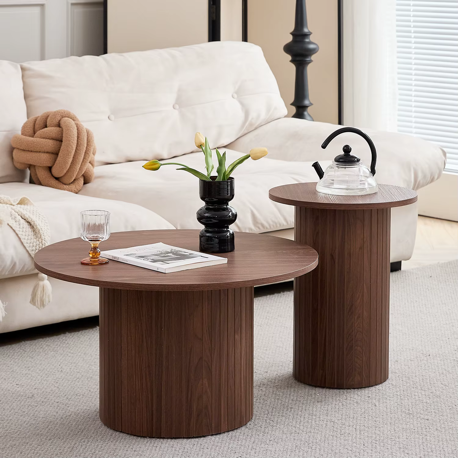 Solna walnut finish coffee table set with two round tables of different heights