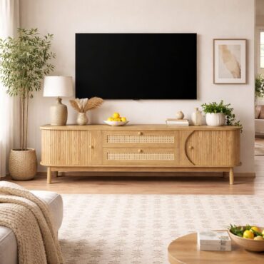 Varberg rattan TV bench with fluted doors and curved ends