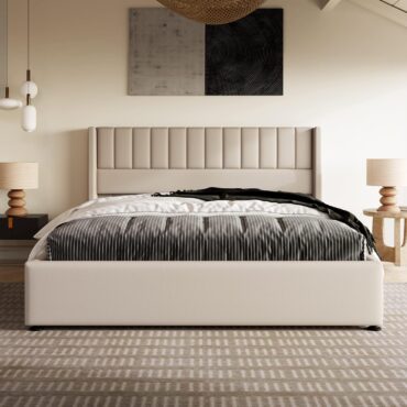 Esbjerg EU King bed with beige linen upholstery and winged padded headboard