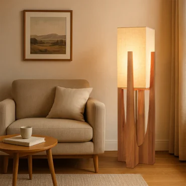 Ribe solid wood floor lamp with fabric shade in a living room