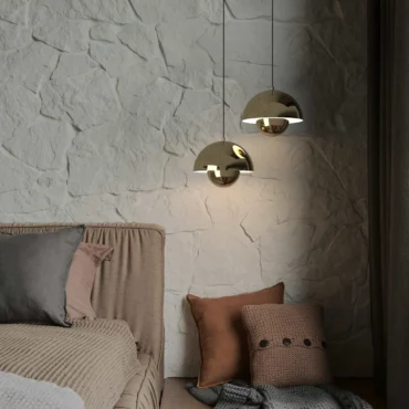 Helsinki gold pendant light with double-sphere aluminium design