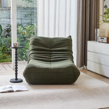 Green bouclé lounge armchair in velvet and lambswool