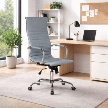 Grey faux leather office chair with adjustable height, tilt function and star base on castor wheels
