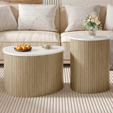 Sipora marble coffee table set with fluted wood base