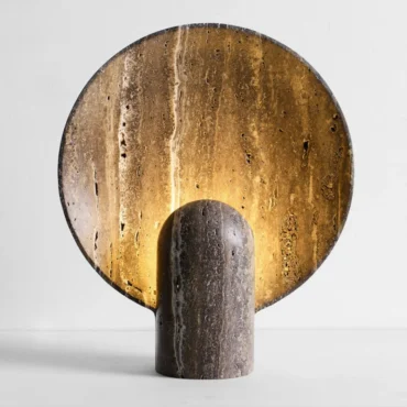 Harstad travertine table lamp with sculptural dish shade