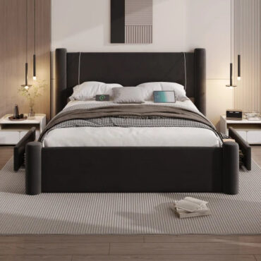 Roskilde black velvet EU King bed with storage drawers and USB headboard