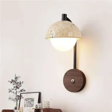 Lysekil travertine and wood wall sconce with dome shade