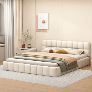 Holmestrand beige upholstered bed with linen fabric headboard