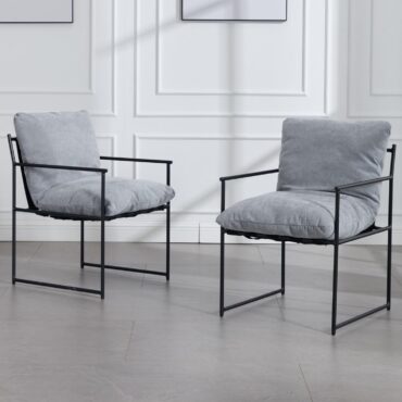 Two Särö grey chenille dining chairs with cross-strap backrest and metal frame