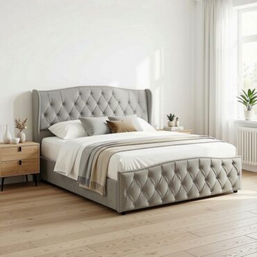Vejle grey velvet EU King bed with storage in a bright bedroom