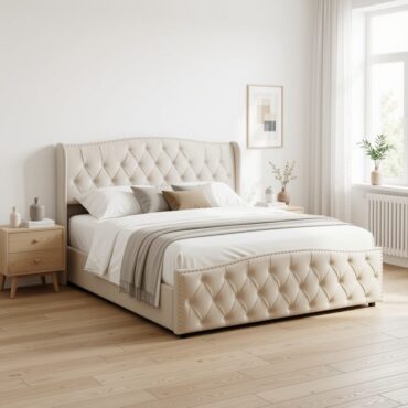 Vejle beige velvet EU king bed with storage in a bright bedroom