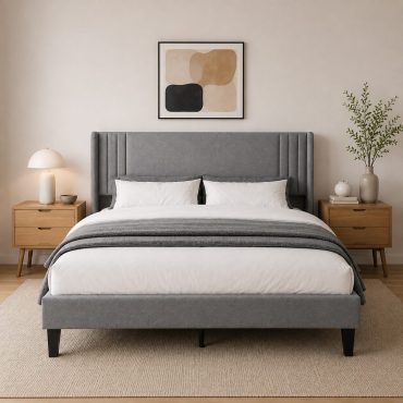 Borgholm upholstered king bed in grey, EU 160x200cm, with padded headboard and black legs