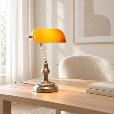 Copenhagen table lamp in brushed nickel with orange glass shade