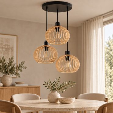 Arboga wooden triple pendant light with three slatted natural wood shades above a dining table