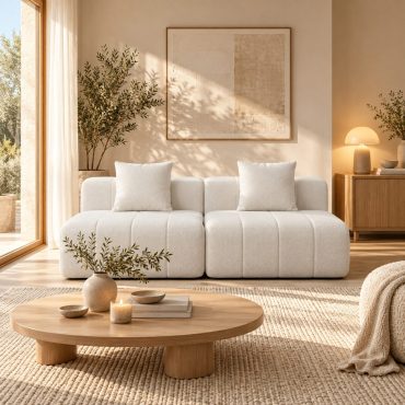 Mariefred beige chenille modular sofa with two matching cushions in a living room